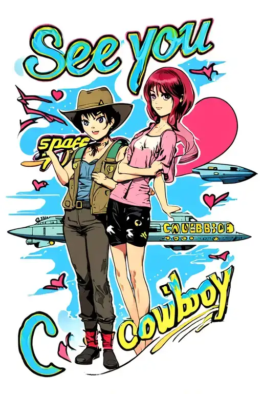 "See you space cowboy" cowboy bebop spike and Faye valentine with the ship in the background, in space tattoo design idea