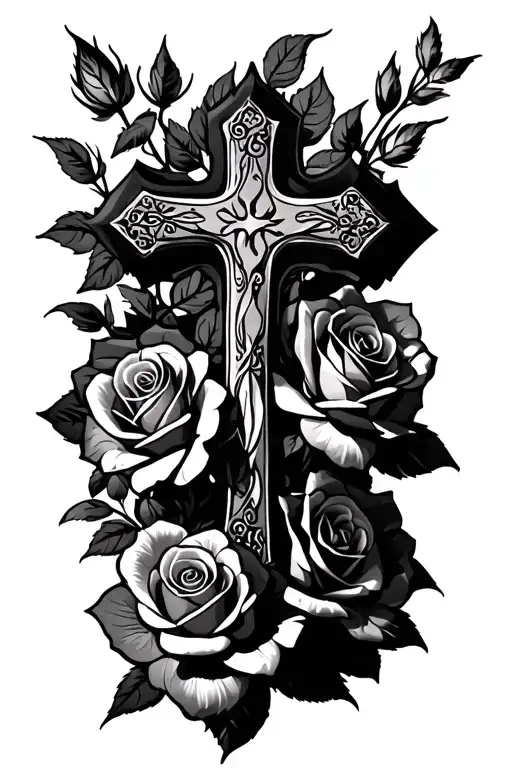 cross and roses tattoo design idea