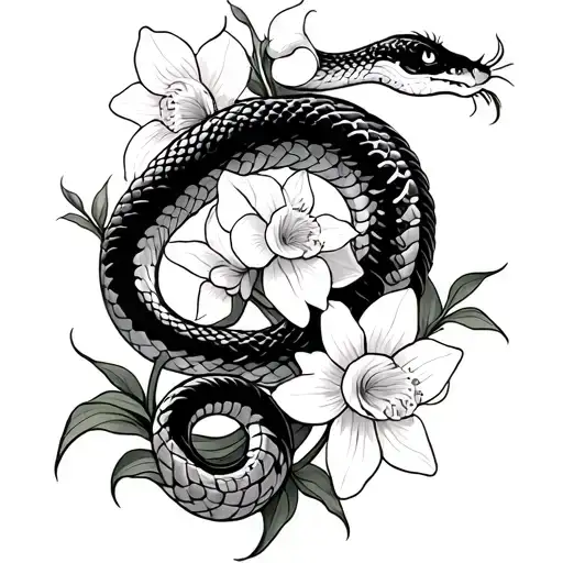 Chinese snake intertwined with daffodils tattoo design idea