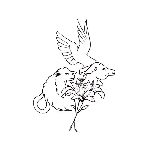 lion, lamb and dove holding lily tattoo design idea