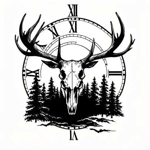 elk skull, pine trees, roman numerals, clock, sunset tattoo design idea