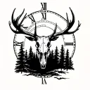 elk skull, pine trees, roman numerals, clock, sunset tattoo design idea
