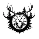 elk skull, pine trees, roman numerals, clock, sunset tattoo design idea