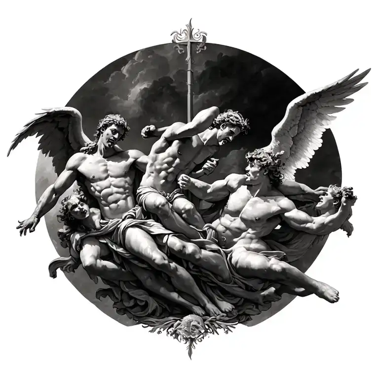 christian demons fighting angels in the final battle over the lives of men in the style of michelangelo tattoo design idea