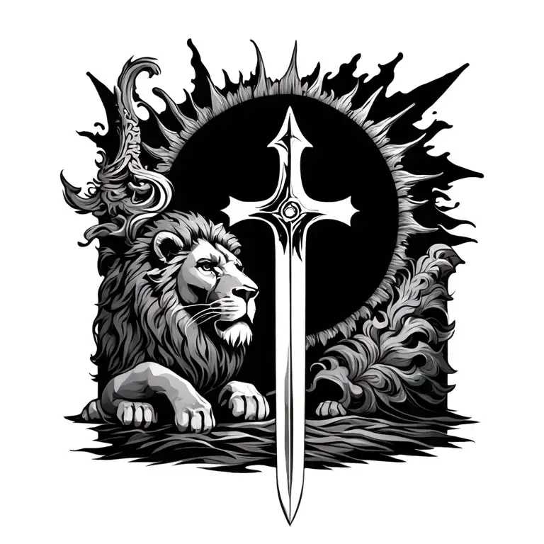 cross, sword, lion, sun tattoo design idea