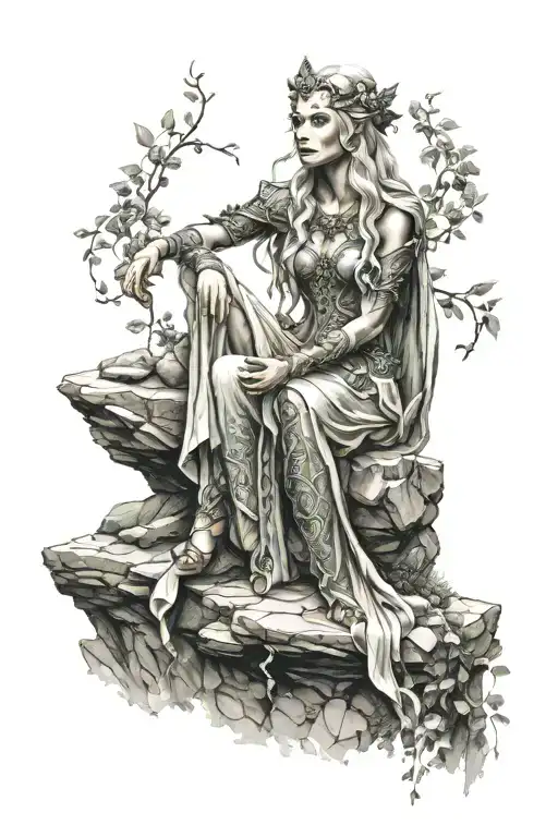 hyper realistic elven goddess sitting on stone wall tattoo design idea