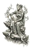 hyper realistic elven goddess sitting on stone wall tattoo design idea
