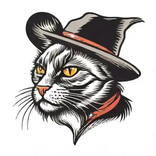 cat with bloodshot eyes and cowboy hat tattoo design idea