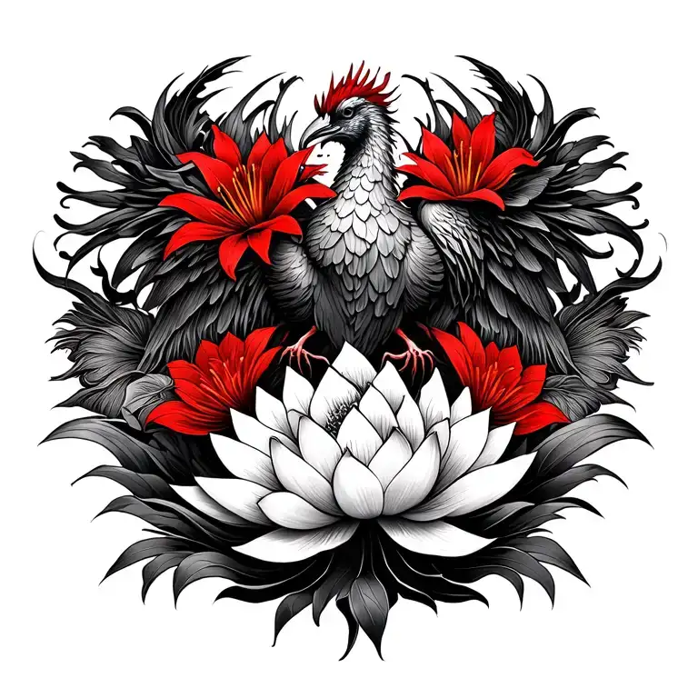 multiple fine line lotus and red Lilly flowers and phoenix intertwined  tattoo design idea