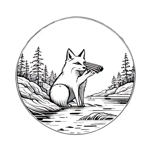 fox playing the pan flute next to a river flowing tattoo design idea