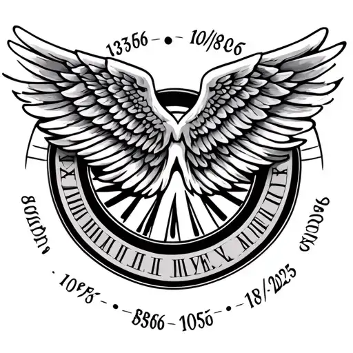 Beautiful wings with the dates 13/01956 and 10/18/2025 in Roman numerals surrounding the wings in a circle tattoo design idea