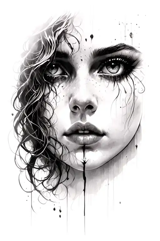 A mysterious female face, distant, caught between allure and melancholy. her presence evokes sorrow, memory, and quiet  tattoo design idea