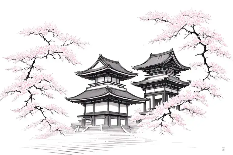 japanese temple surrounded by cherryblossom tree tattoo design idea