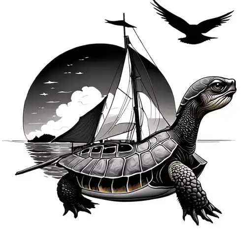 sailboat, shellback turtle, swallows tattoo design idea