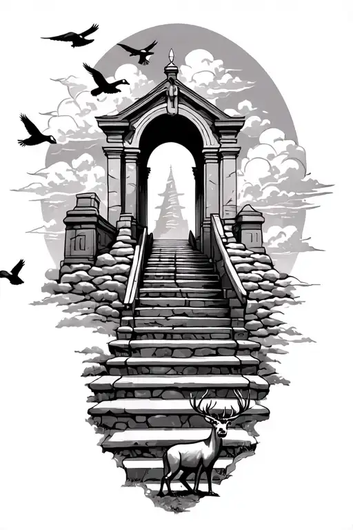 Stairway to heavens gates with clouds at the top with ducks flying. whitetail deer grazing at the bottom tattoo design idea