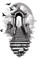 Stairway to heavens gates with clouds at the top with ducks flying. whitetail deer grazing at the bottom tattoo design idea