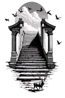 Stairway to heavens gates with clouds at the top with ducks flying. whitetail deer grazing at the bottom tattoo design idea