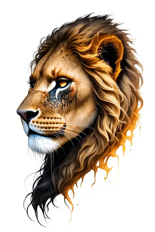 half cave lion half woman's face, within scar marks tattoo design idea