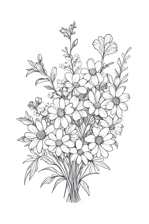 a not crowded bouquet of flowers with violets, daffodils, honeysuckle, and asters tattoo design idea