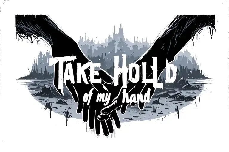 "Take hold of my hand" couple silhouette holding hands in post apocalyptic landscape tattoo design idea