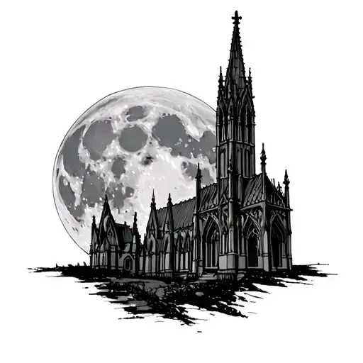 full moon foreground  gothic catherdral in background  tattoo design idea