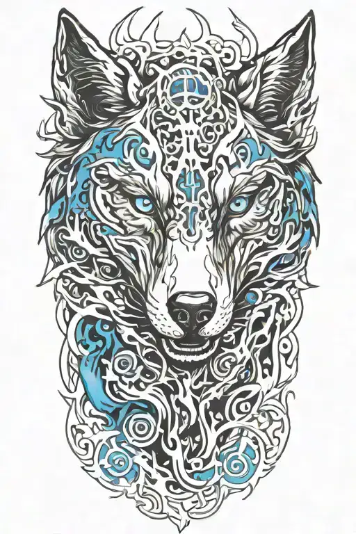 wolf blue eyes fire flames tattoo design idea