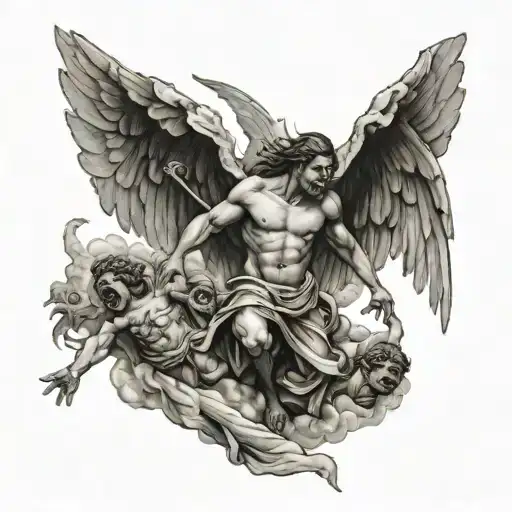 angel falling from the clouds with demons reaching out to him tattoo design idea