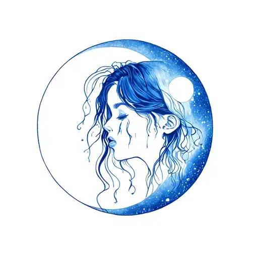 Blue moon and girl crying tattoo design idea
