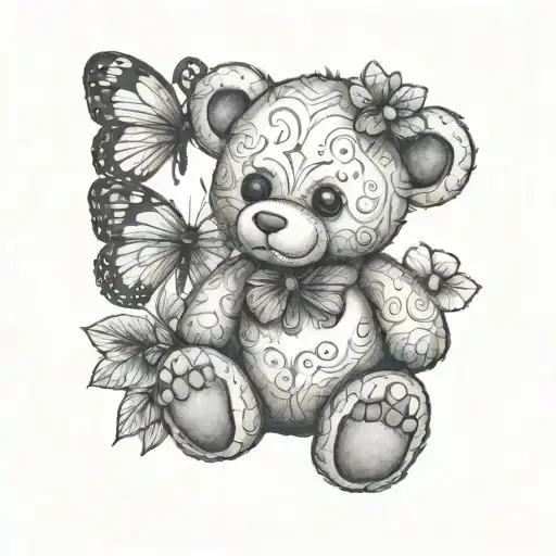 Line art teddy bear holding a 4 leaf clover with a butterfly tattoo design idea