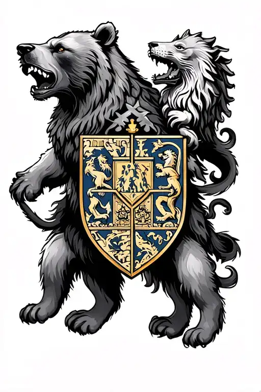 heraldic bear and 3 heraldic lions with other symbols intertwined that mean sacrifice, protect, provide, family. tattoo design idea