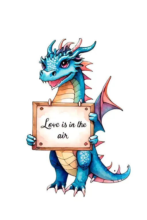 A cute and quirky dragon holding a sign that says 'Love is in the air' tattoo design idea