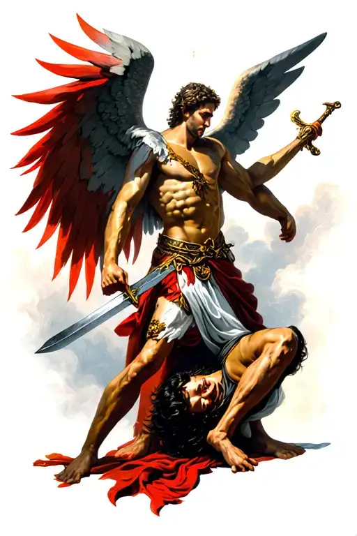 St Michael defeating fallen angle using his sword striking him down tattoo design idea