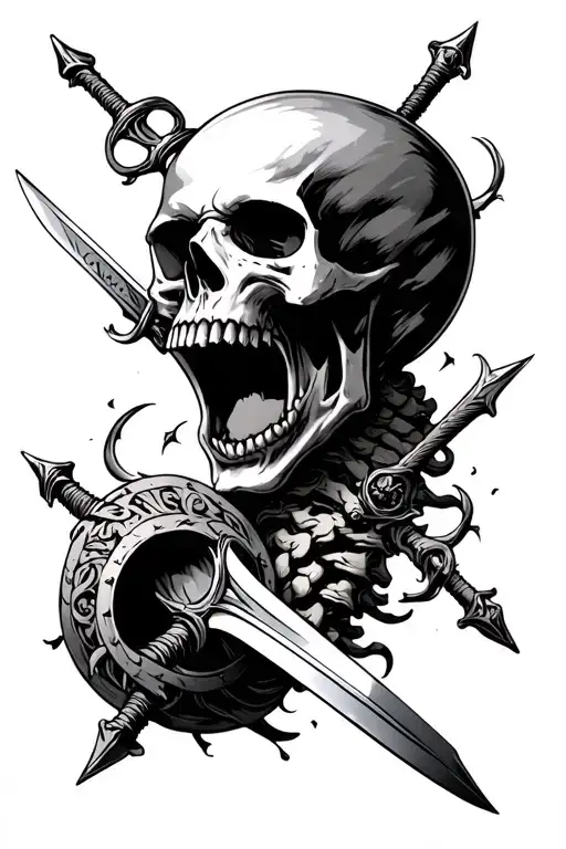 Screaming skull with 4 swords going into it. The skill in connected to a spinal cord that ends with a mace tattoo design idea