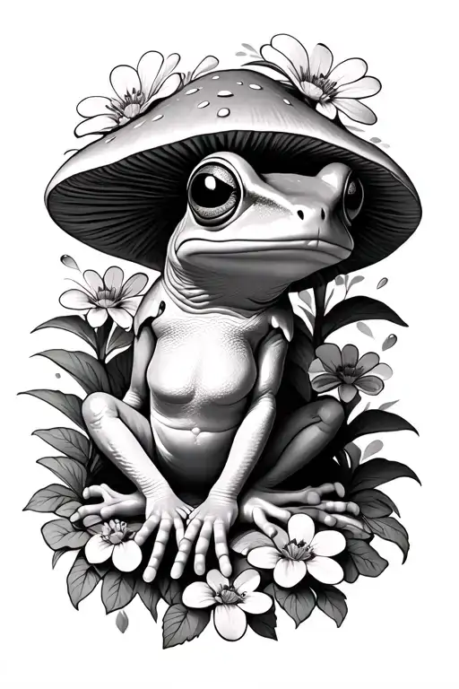 flowers mushrooms tree frog sitting tattoo design idea