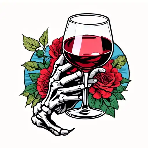 skeleton hand holding wine glass tattoo design idea