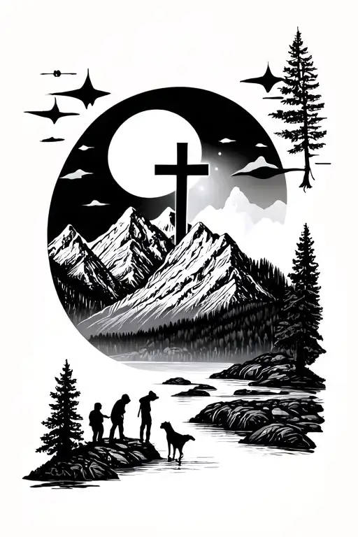 Full Sleeve- Mountain Range, Cross, Sun/moon,  Father&toddler&dog hiking Silhouette, waterfall/river, bible verse. tattoo design idea