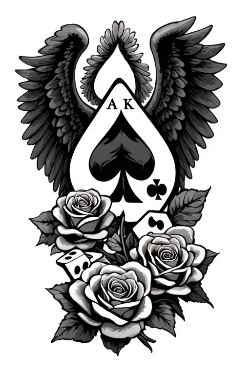 Family names with roses and a joker with dices. angel wings and a ace of spade logo tattoo design idea