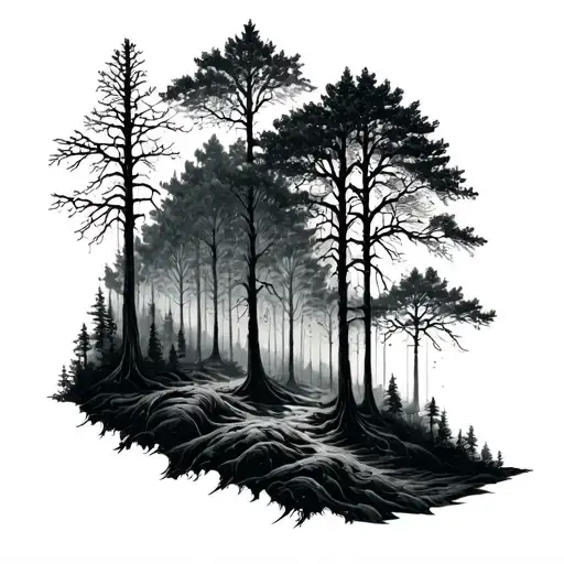 A tattoo design for a forearm sleeve featuring a forest of tall, intricate trees with bare branches on one side, transit tattoo design idea