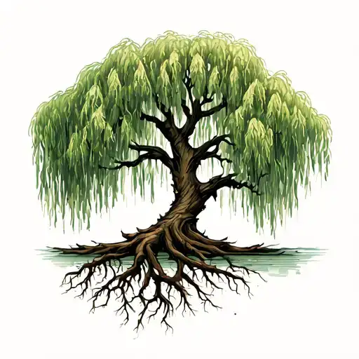 weeping willow tree with roots tattoo design idea