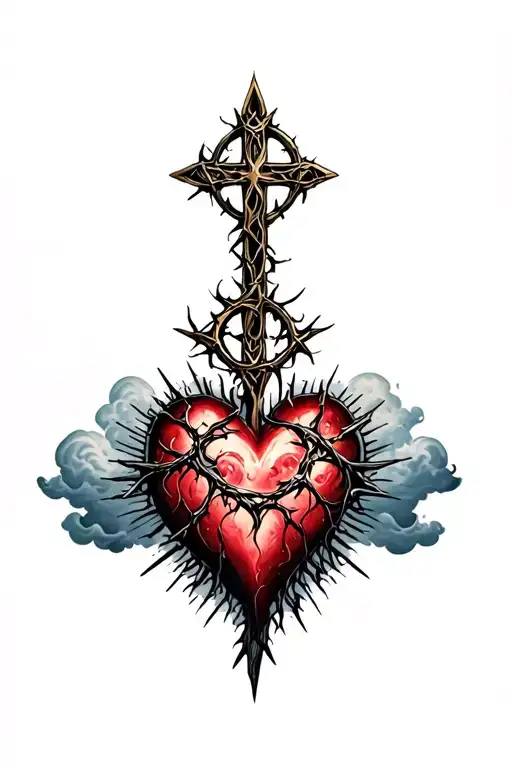 heart shape, clouds, rays, floral patterns, Norse cross, crown of thorns tattoo design idea