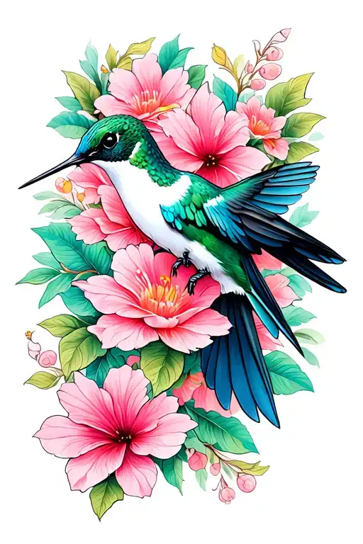 ornamental portrait hummingbirds pink flower tattoo design idea
