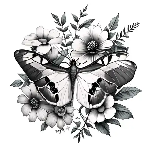 Luna moth with various flowers behind it  tattoo design idea
