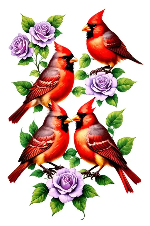 3 cardinals with lilac flowers and 5 small roses  tattoo design idea