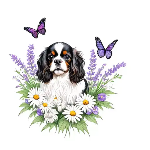 cavalier king charles spaniel in lavender and daisies with butterflies tattoo design idea