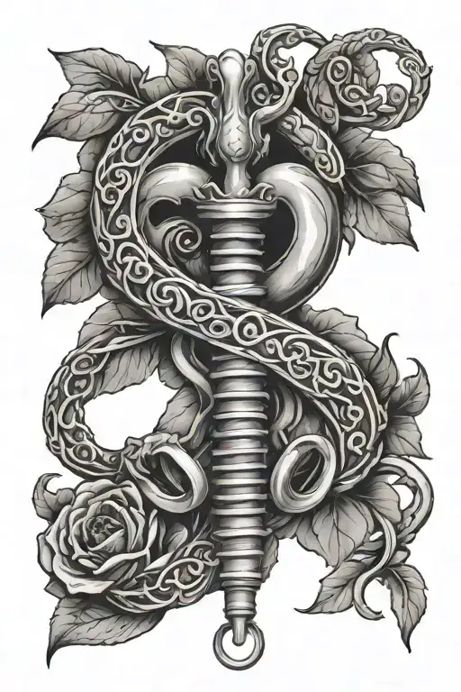 rod of Asclepius with anatomical heart at the top  tattoo design idea