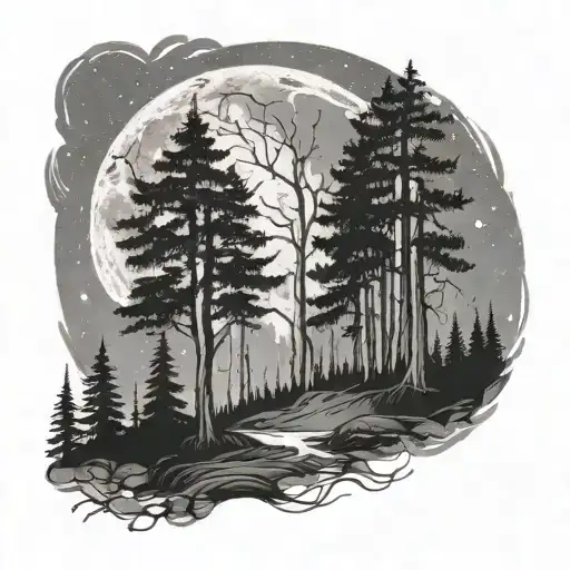 A serene forest scene with a moon shining through the trees, representing a peaceful escape into nature and a love for the night sky tattoo design idea