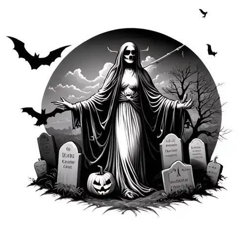 Santa muerte in sky above 10 grave stones a dead tree with bats a carved pumpkin and a witch flying on a boom in dist  tattoo design idea