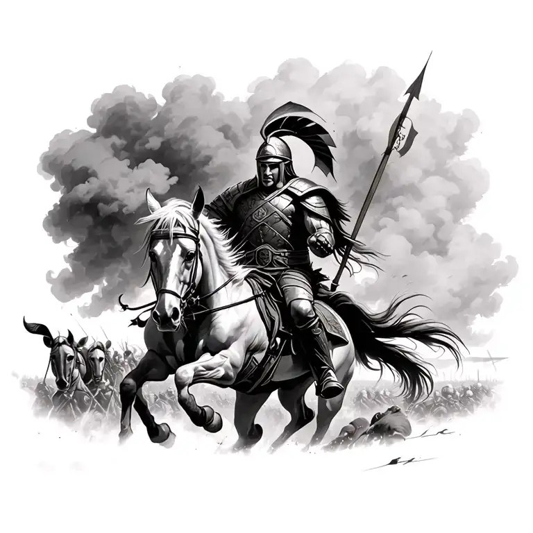 a spartan warrior riding a horse across a battle field with a smoky background  tattoo design idea