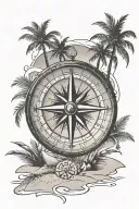 compass in the sand beach with palm trees tattoo design idea