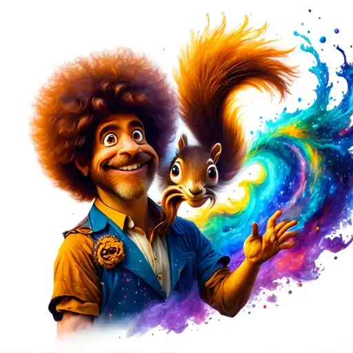 disney's figment character as bob ross splashing color into air that swirls into a galaxy with squirrel on shoulder tattoo design idea